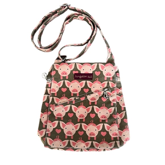 Bungalow 360 Whimsical Pig print canvas crossbody with peace sign zippers - Picture 1 of 15